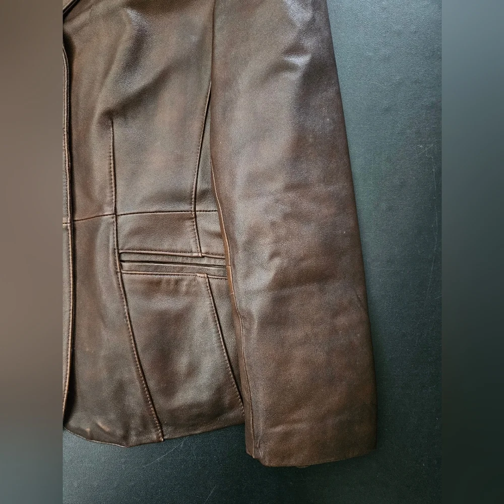 NWOT - Distressed Leather Venezia Brown Blazer - Vintage - 14/16 - Picture 9 of 10